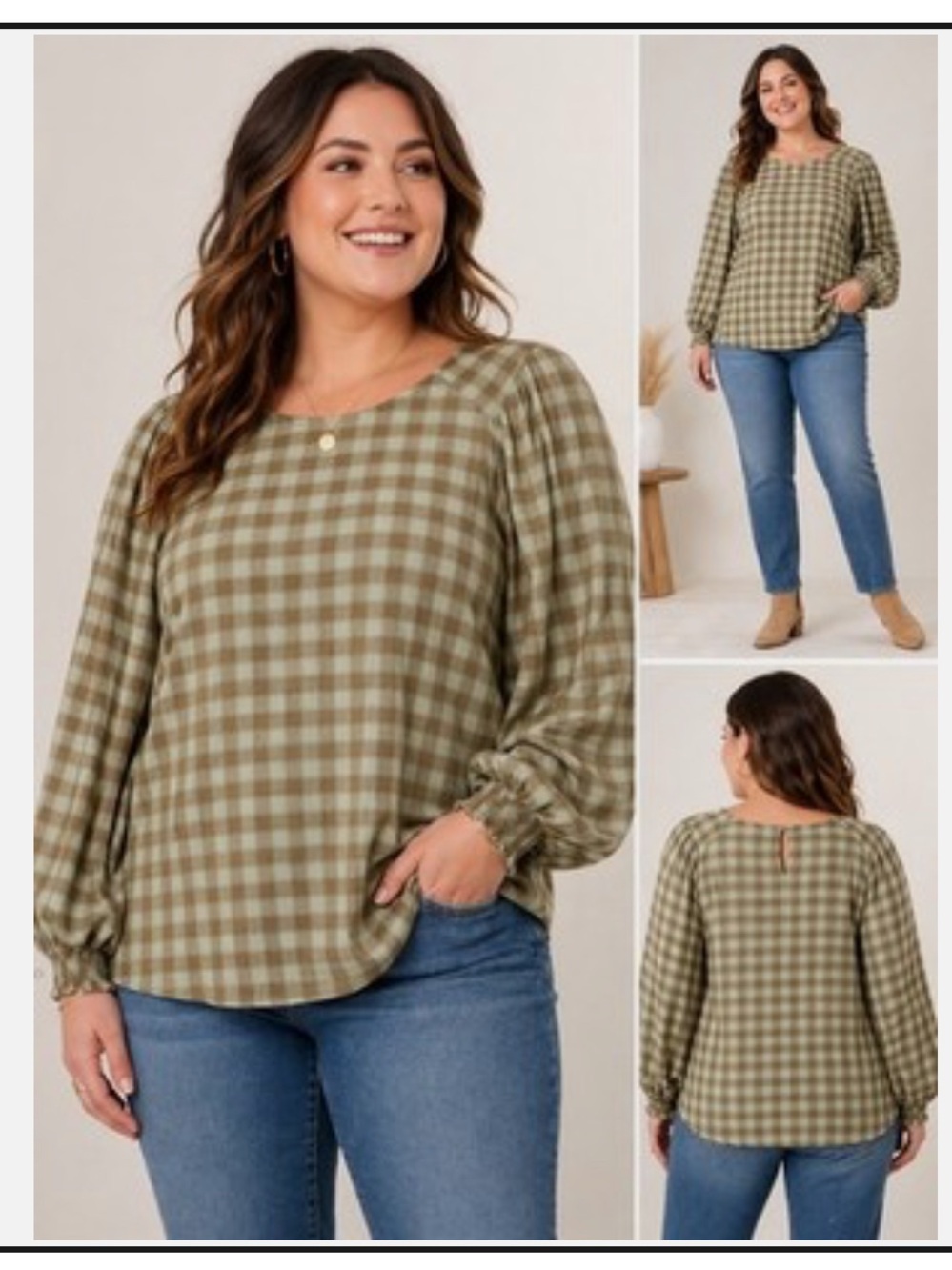 Ava & Viv Olive and brown Gingham Long Sleeve Top size X